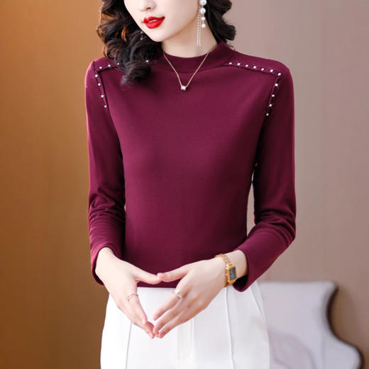 双面德绒打底衫女秋冬新款钉珠加厚磨毛T恤女长袖半高领内搭上衣 商品图1