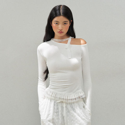 Ariseism 美式复古白色斜肩蕾丝长袖t恤女秋季新款修身上衣 商品图3