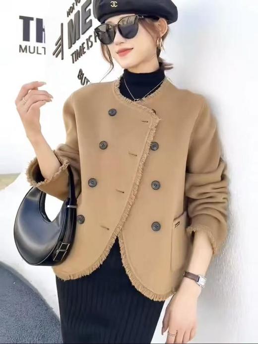 【高端系列】手工定制6220款100支10%羊绒➕90%澳洲羊毛短款流苏双面尼外套-喜出 商品图3