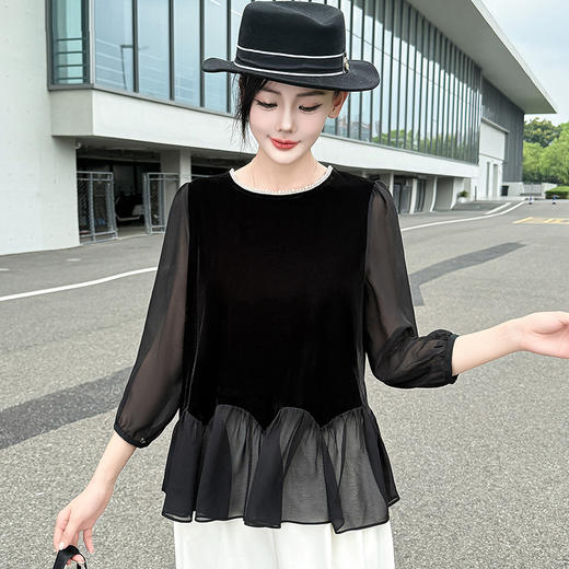 QYM 5908-Y宽松大码上衣褶褶拼接金丝绒小衫 商品图0