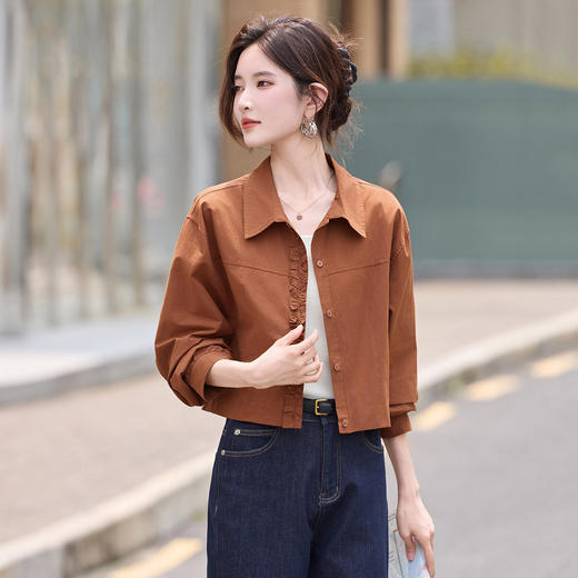 早秋衬衫女小个子短款上衣2025新款外搭洋气薄款翻领花边衬衣LYSX2581 商品图0