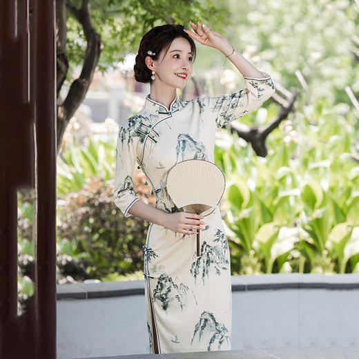 SC21853水墨山水国风中长款改良旗袍2025新款女中式复古修身中长袖春秋装 商品图4