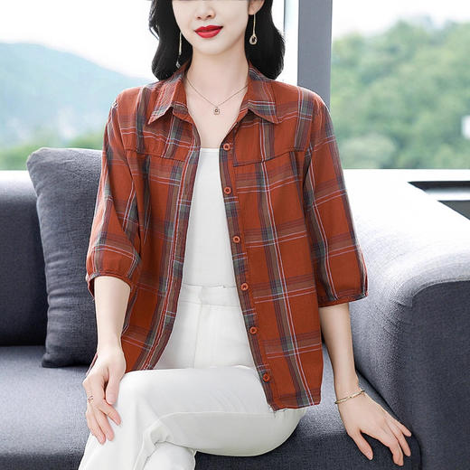 夏季新款中年妈妈时尚七分袖衬衫秋夏妈妈装宽松遮肚格子百搭上衣 商品图2