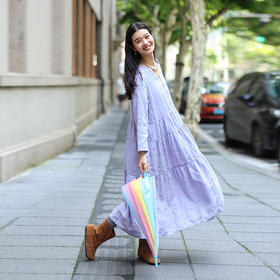 绽放旅行女装513朵/砂洗亚麻V领半开襟正常肩长袖蛋糕型连衣裙秋