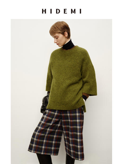 HIDEMI 进口羊驼羊毛极简圆领大廓形七分袖套头宽松毛衣 商品图3