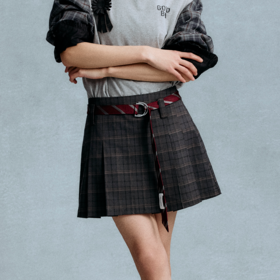 GOODBAI 高腰百褶侧腰拉链格纹短裙