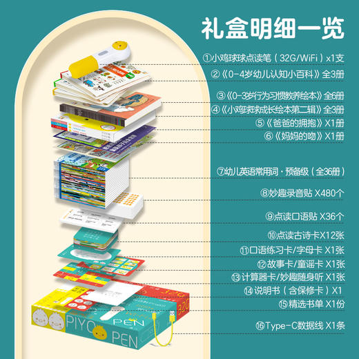 PIYO PEN小鸡球球点读笔 (WIFI/32G/礼盒):1-5岁幼儿启智成长点读礼盒:全50册（新版本发货） 商品图6