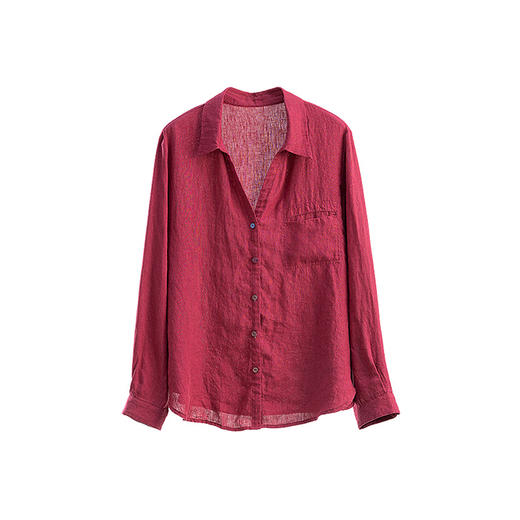 绽放旅行女装481朵/砂洗亚麻翻领V领松弛感长袖衬衫秋新款上衣女 商品图4