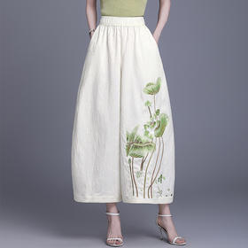 KQL 422H5303刺绣提花国风九分花苞裤宽松休闲裤松紧腰裤