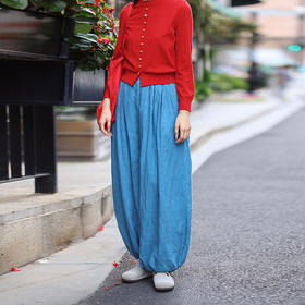 绽放女装503朵/亚麻半腰松紧内加抽绳双层灯笼裤宽松阔腿休闲裤女