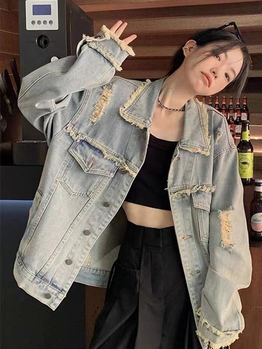 【复古毛边做旧破洞牛仔外套】春秋宽松休闲百搭工装夹克上衣潮ins  商品图1