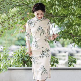 SC21853水墨山水国风中长款改良旗袍2025新款女中式复古修身中长袖春秋装