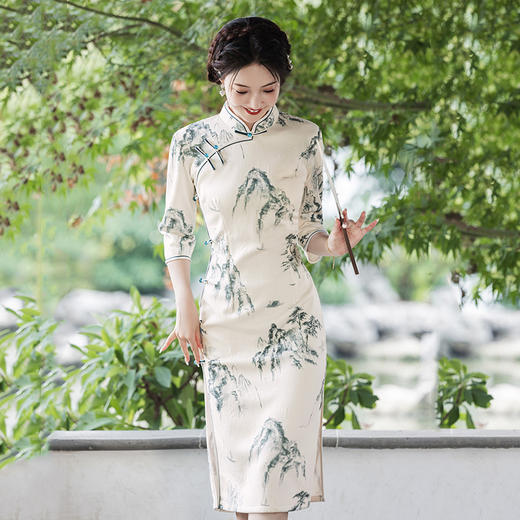 SC21853水墨山水国风中长款改良旗袍2025新款女中式复古修身中长袖春秋装 商品图0