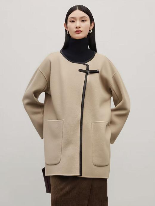 【高端系列】手工定制8503款5%山羊绒➕95%澳洲羊毛优雅皮扣包边双面尼中款大衣-喜出 商品图4