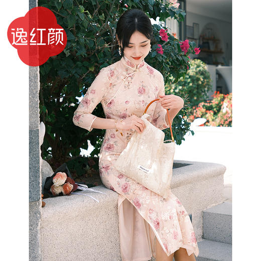 逸红颜初暖2025春秋新款文艺美好轻盈网布植绒修身显瘦改良旗袍女 商品图0