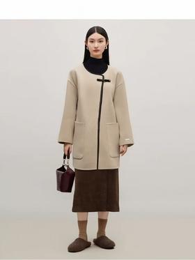 【高端系列】手工定制8503款5%山羊绒➕95%澳洲羊毛优雅皮扣包边双面尼中款大衣-喜出