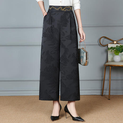 妈妈大码新款提花百搭高腰阔腿裤夏季休闲宽松中老年时尚国风裤子 商品图3