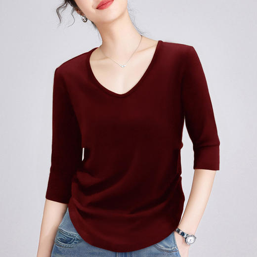 「自j」全新升级【铂金会员109/天猫149/差价40】(95221)洛诗琳气质桃心领五分袖上衣2025早秋掐腰收褶打底T恤女 商品图2