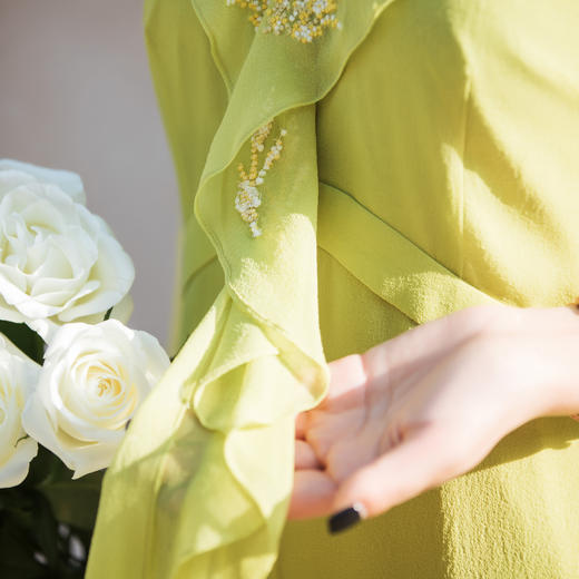 【林栖设计小店】【林栖推荐】（现货）麦穗绣花绿色真丝连衣裙女2025早秋100%桑蚕丝连衣裙N1953320 商品图3