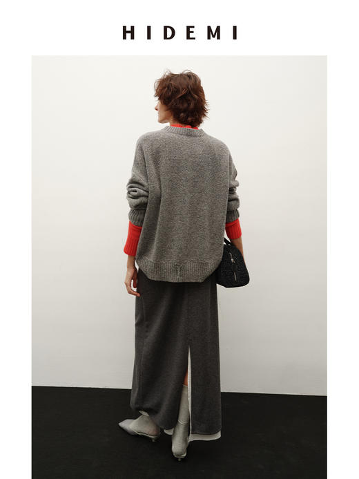 HIDEMI 进口烟灰色初剪羊毛白色边拼接假两件H型半身裙长裙 商品图4