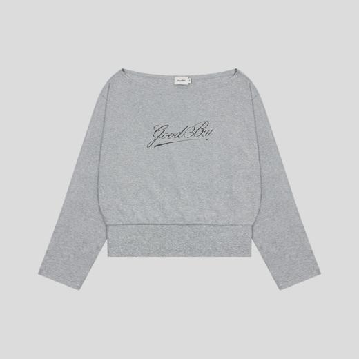 GOODBAI 斜体logo做旧印花露肩领宽松短款长袖T恤 商品图2