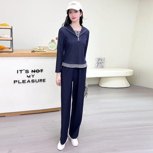QYM 1C2503-Y运动服两件套连帽长袖小衫上衣+直筒阔腿裤套装 商品图1