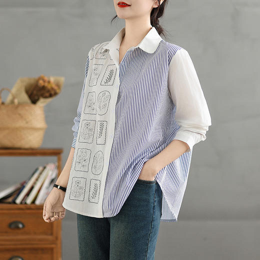 AHM wyss7076竖条纹拼接长袖衬衫时尚休闲通勤上衣 商品图3