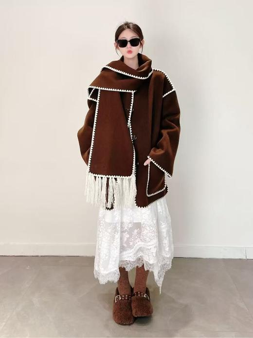 【高端系列】（赠送围巾）手工定制888贝壳绣80%高支澳洲羊毛中长双面尼大衣外套-喜出 商品图3