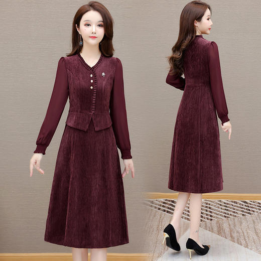 QYM 54A2507-Y长袖连衣裙时尚木耳边拼结马甲裙假两件中长款高腰裙 商品图2