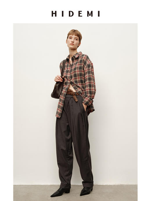 HIDEMI 进口羊毛色织格纹空气感纱线做旧水洗经典宽松知识分子衬衫 商品图3