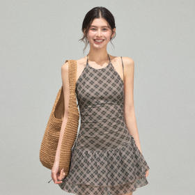 Ariseism 美式复古设计感格纹挂脖连衣裙女夏季新款修身裙子
