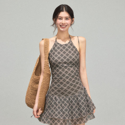 Ariseism 美式复古设计感格纹挂脖连衣裙女夏季新款修身裙子 商品图0