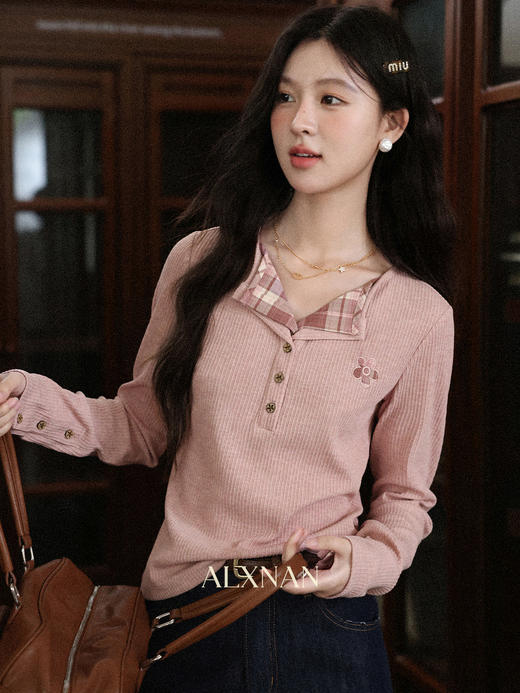 鹿向南「奶芙莓莓」假两件设计感长袖粉色T恤女秋季新款独特上衣 商品图1