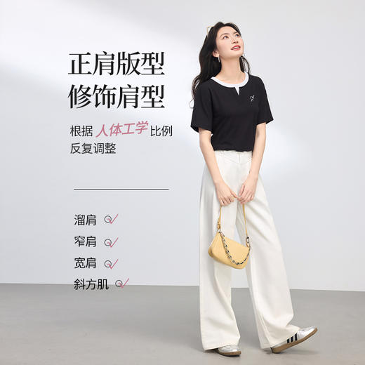 【五折购】熙世界短袖t恤女士2025年新款夏季百搭设计感撞色圆领假两件上衣 商品图1