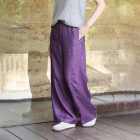 绽放旅行女装510朵/斜纹亚麻半腰松紧抽绳宽松直筒长裤百搭休闲裤