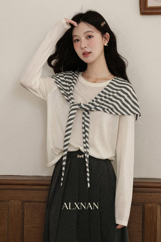 鹿向南「咖啡轻休」米白色长袖针织衫女秋新款小众宽松慵懒感上衣 商品图4