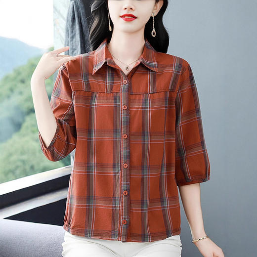 夏季新款中年妈妈时尚七分袖衬衫秋夏妈妈装宽松遮肚格子百搭上衣 商品图0