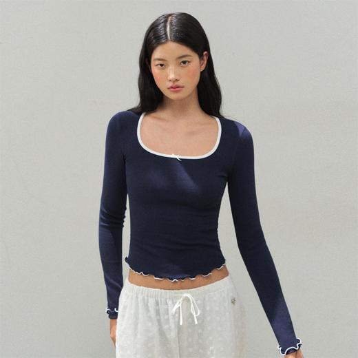 Ariseism 美式复古短款挖肩撞色领长袖t恤女秋季新款修身上衣 商品图3