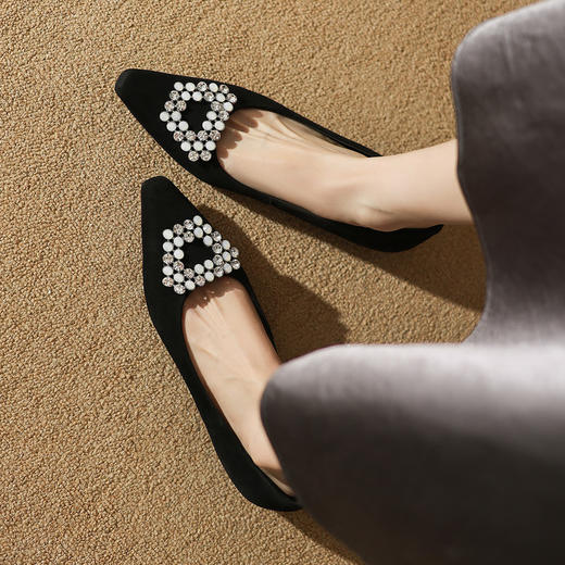 【预售5天】法式方头水钻方扣浅口低粗跟单鞋女士秋季新款小皮鞋OL工作鞋ZF&25171 商品图2