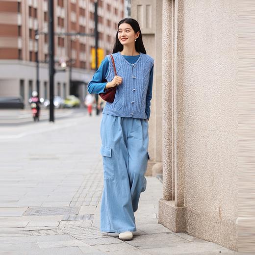 绽放旅行女装504朵/亚麻棉全腰松紧加抽绳口袋百搭阔腿牛仔裤长裤 商品图2