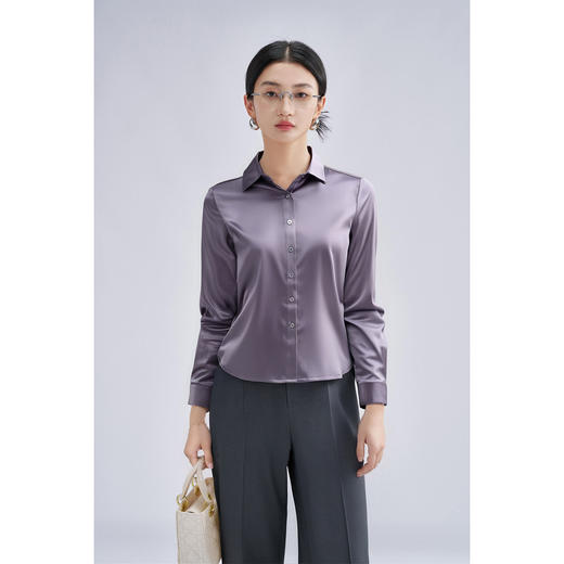 「紫韵丝光」桑蚕丝衬衫 舒适真丝 简约通勤风职业翻领单排扣衬衫长袖上衣1419 商品图3