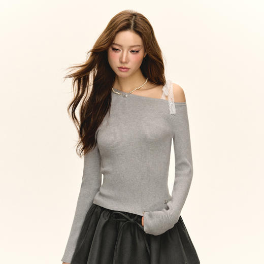 Ariseism 美式复古白色蕾丝绑带长袖针织衫女秋季新款修身上衣 商品图2