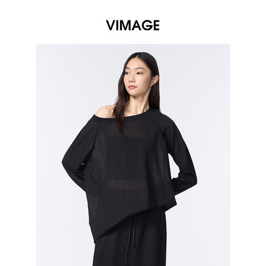 VIMAGE纬漫纪一字领黑色罩衫慵懒风T恤V2402101 商品图3