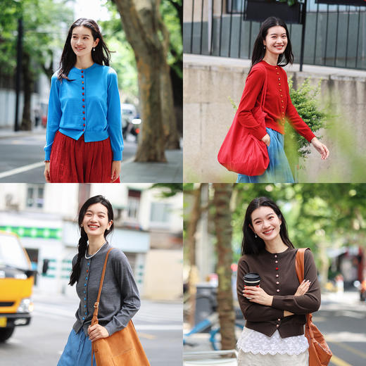 绽放旅行女装519朵/巴素兰羊毛撞色扣开襟毛针织衫宽松开衫女早秋 商品图0