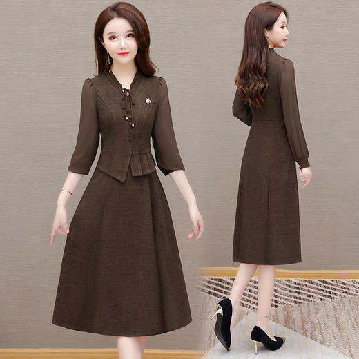 QYM 54A2503-Y假两件马甲连衣裙长袖高腰裙时尚木耳中长裙 商品图3