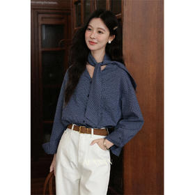 鹿向南「松露秘语」蓝色格子V领衬衫女初秋气质法式宽松显瘦上衣