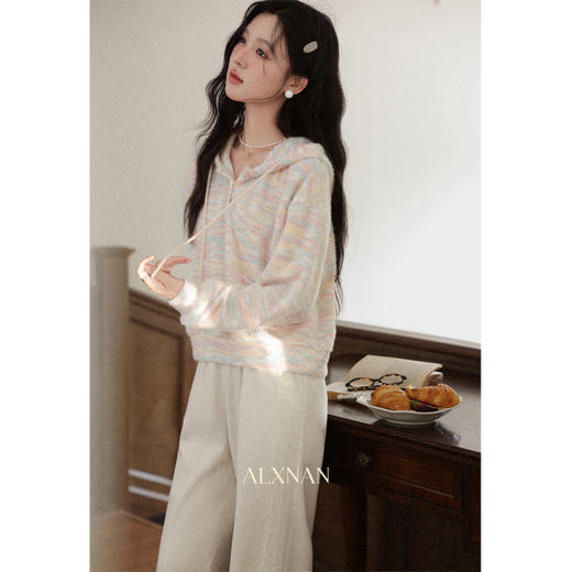 鹿向南「霓虹烬霭」慵懒风彩色条纹连帽卫衣女初秋宽松巨显瘦上衣 商品图2