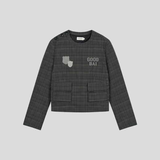 GOODBAI logo徽章剪影贴布绣格纹正肩圆领长袖上衣 商品图1