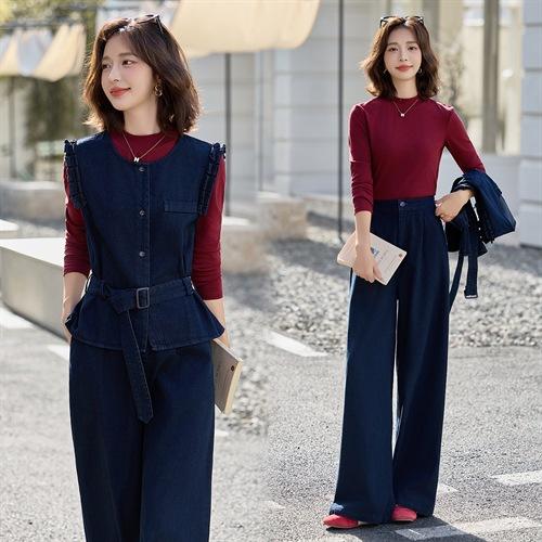 韩系时尚套装女2025秋季新款洋气上衣轻熟风牛仔马甲阔腿裤三件套YLFS9038 商品图2
