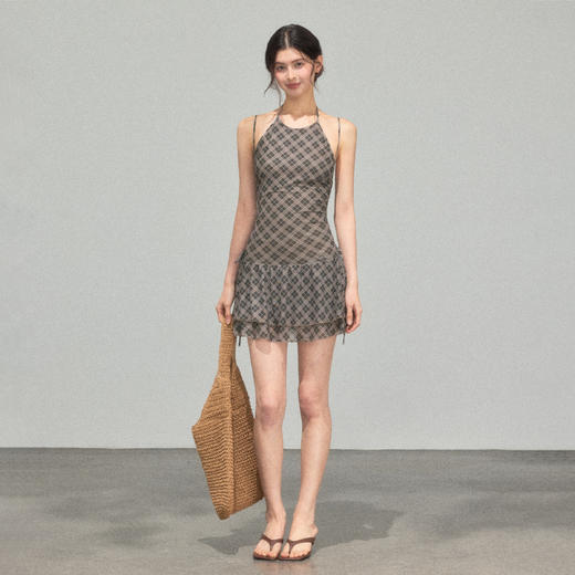 Ariseism 美式复古设计感格纹挂脖连衣裙女夏季新款修身裙子 商品图3